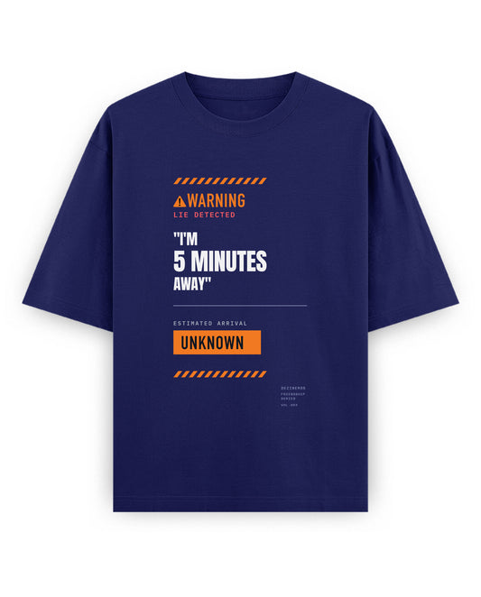Front view of 5 MINS AWAY unisex oversized graphic t-shirt in royal blue.