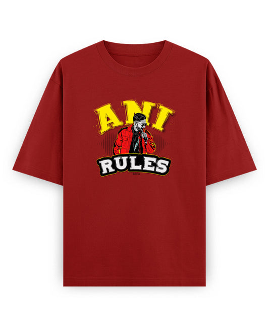 Front view of ANI RULES - Unisex Oversized Graphic T-Shirt in red.