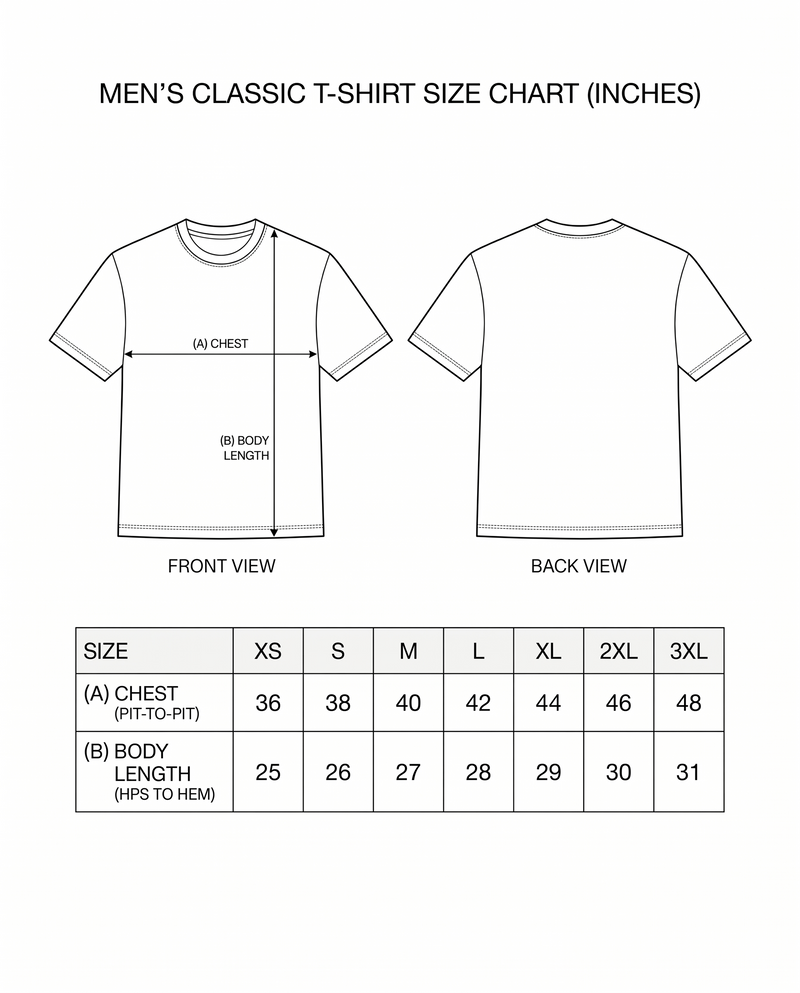 Size chart for D'S RAGE men's regular-fit t-shirt showing garment measurements across available sizes.
