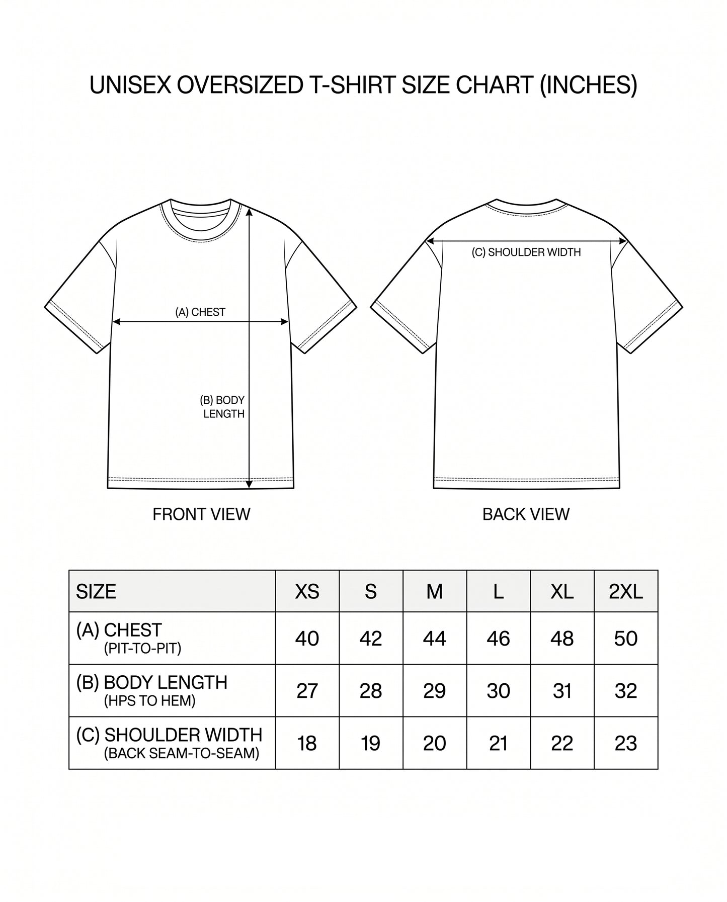 EN FRIEND AH POLA YAARU MACHAN unisex oversized graphic t-shirt size chart with measurements.