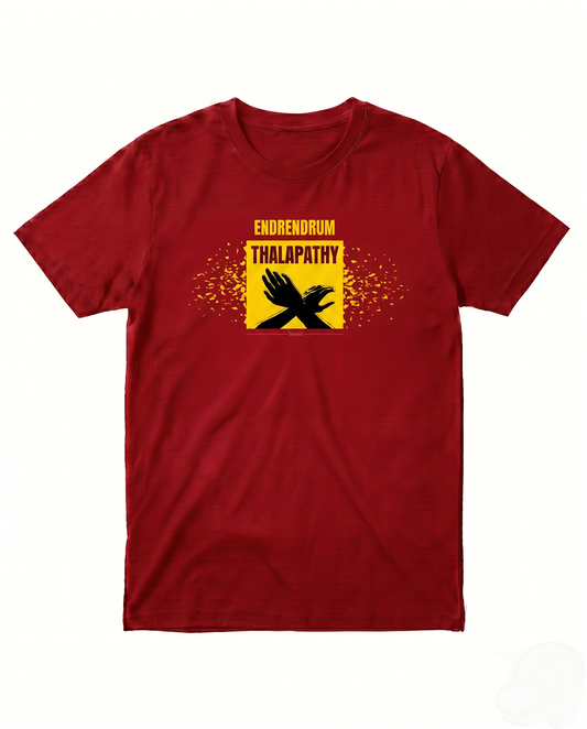 ENDRENDRUM THALAPATHY red men's regular-fit t-shirt featuring a fan-inspired graphic print on premium cotton fabric.