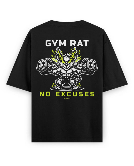 Product mockup of GYM RAT unisex oversized graphic t-shirt in black featuring a large Gym Rat No Excuses back graphic illustration for men and women.