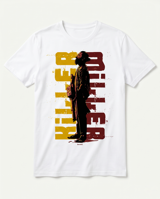 KILLER MILLER men's regular-fit t-shirt in white featuring an illustrated graphic and typography design.