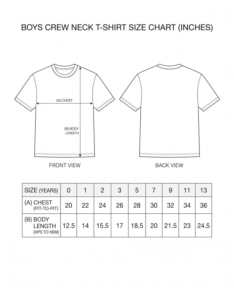 LITTLE KRISHNA - Boys Regular Fit T-Shirt size chart with measurements.