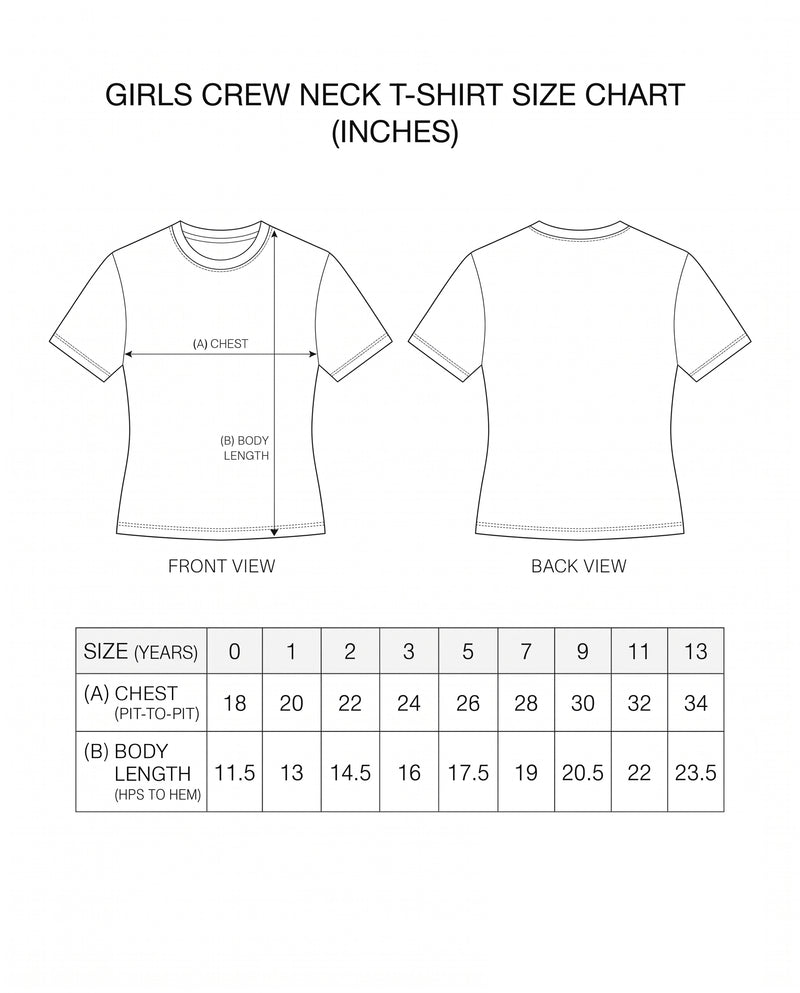 LITTLE KRISHNA - Girls Regular Fit T-Shirt size chart with measurements.