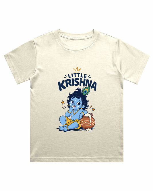 Front view of LITTLE KRISHNA - Boys Regular Fit T-Shirt in off-white.