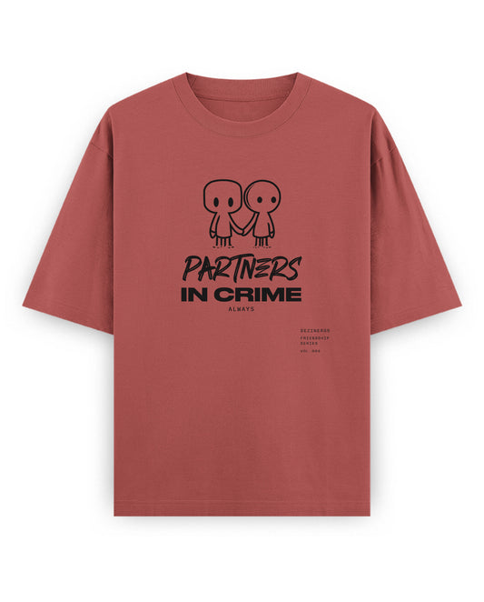 Front view of PARTNERS IN CRIME unisex oversized graphic t-shirt in coral.