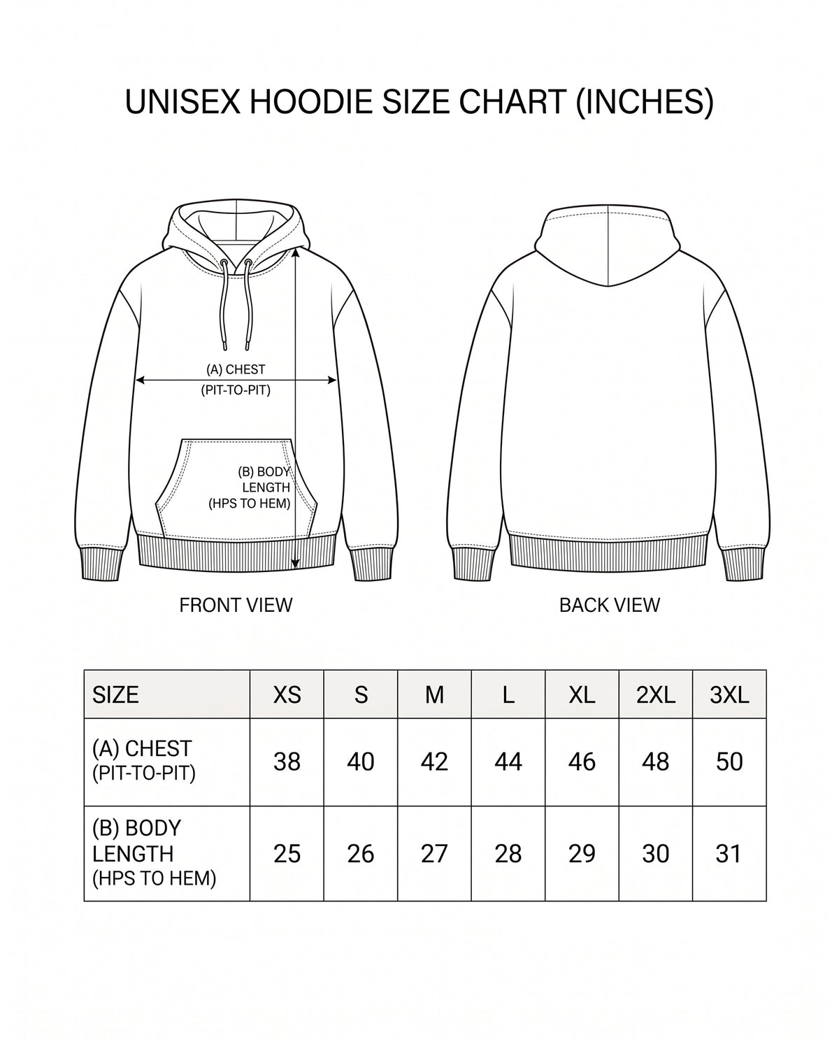 ROCKSTAR - Unisex Regular Fit Hoodie size chart with measurements.