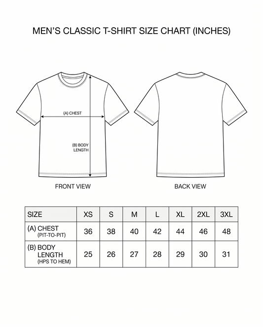 Men's regular-fit t-shirt Size chart with front and back views and measurement details.