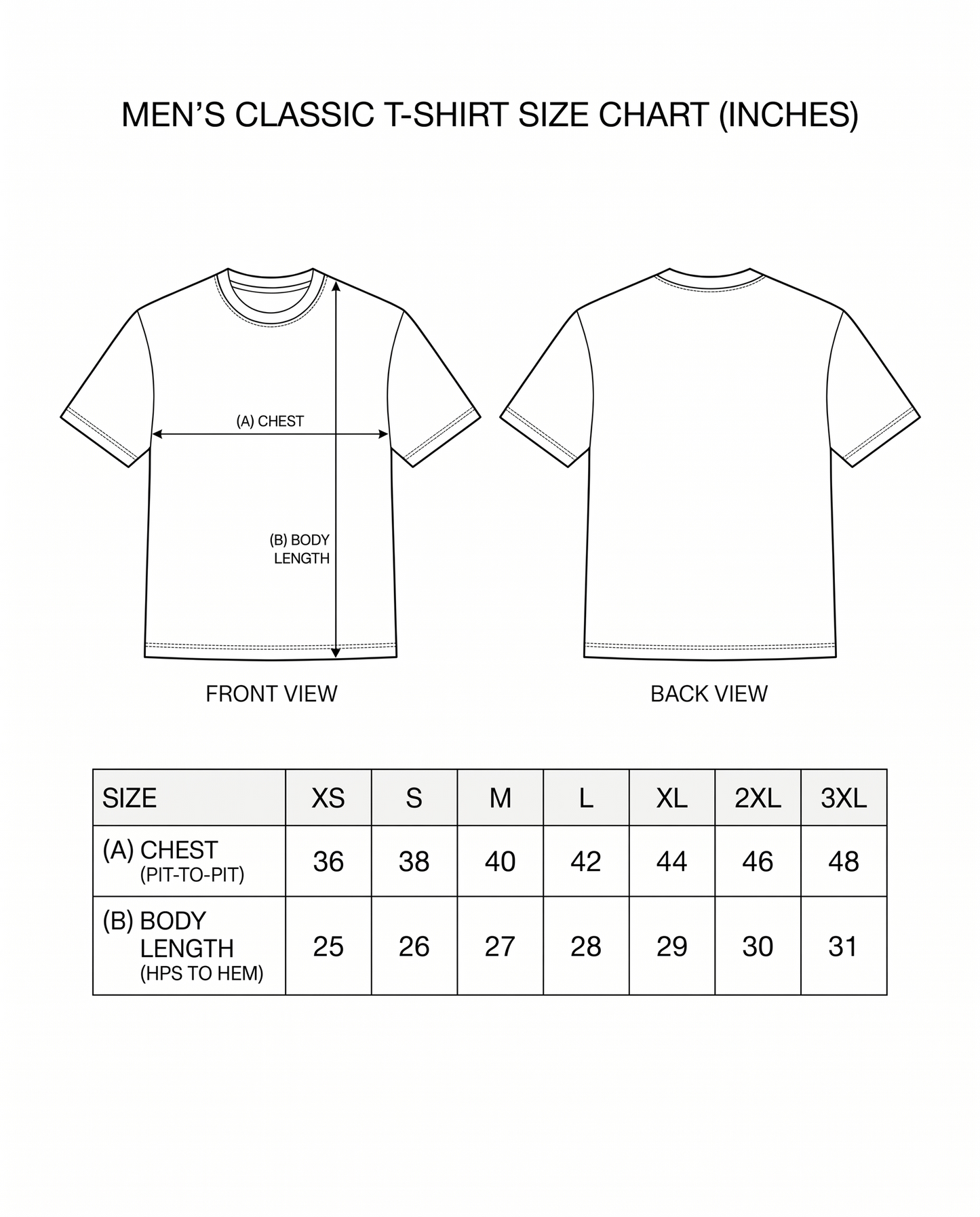 Size chart for VIOLENT BY NATURE PEACEFULBY CHOICE men's regular-fit t-shirt showing garment measurements across available sizes.