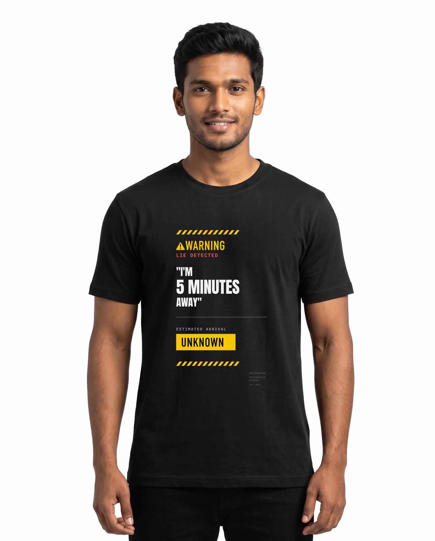 Male model wearing 5 MINS AWAY men's regular-fit t-shirt in black in a studio setting.