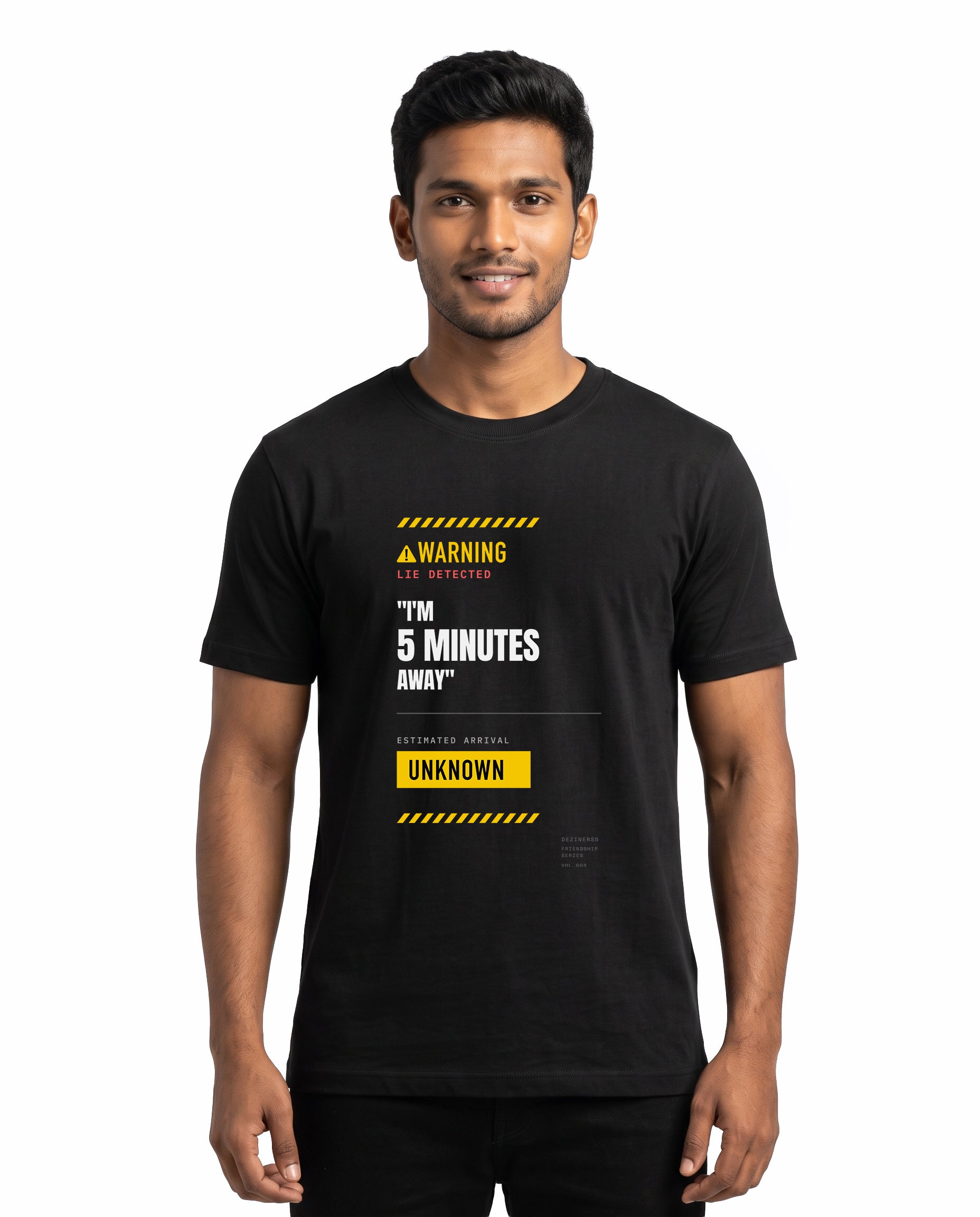 Male model wearing 5 MINS AWAY men's regular-fit t-shirt in black in a studio setting.