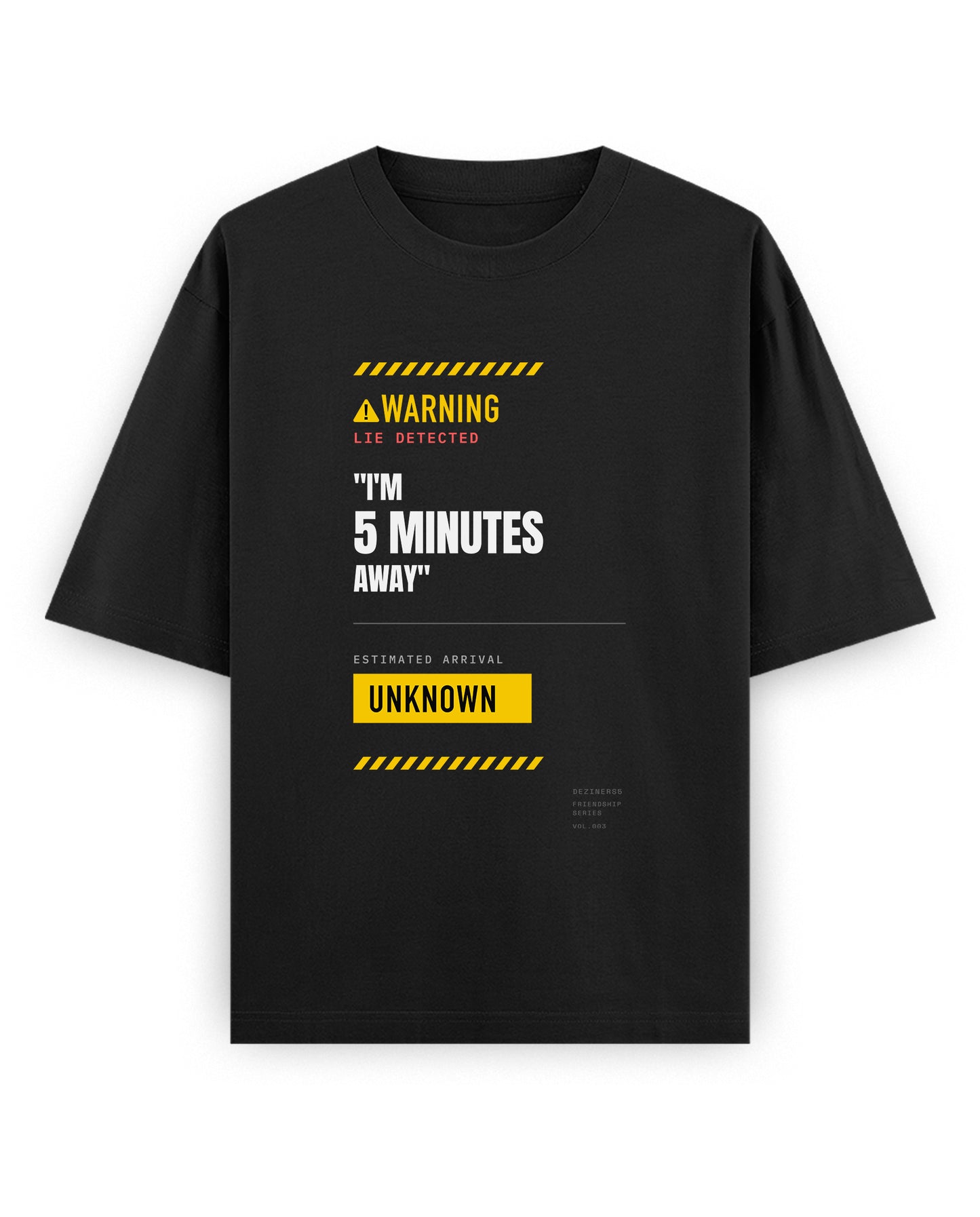 Front view of 5 MINS AWAY unisex oversized graphic t-shirt in black.
