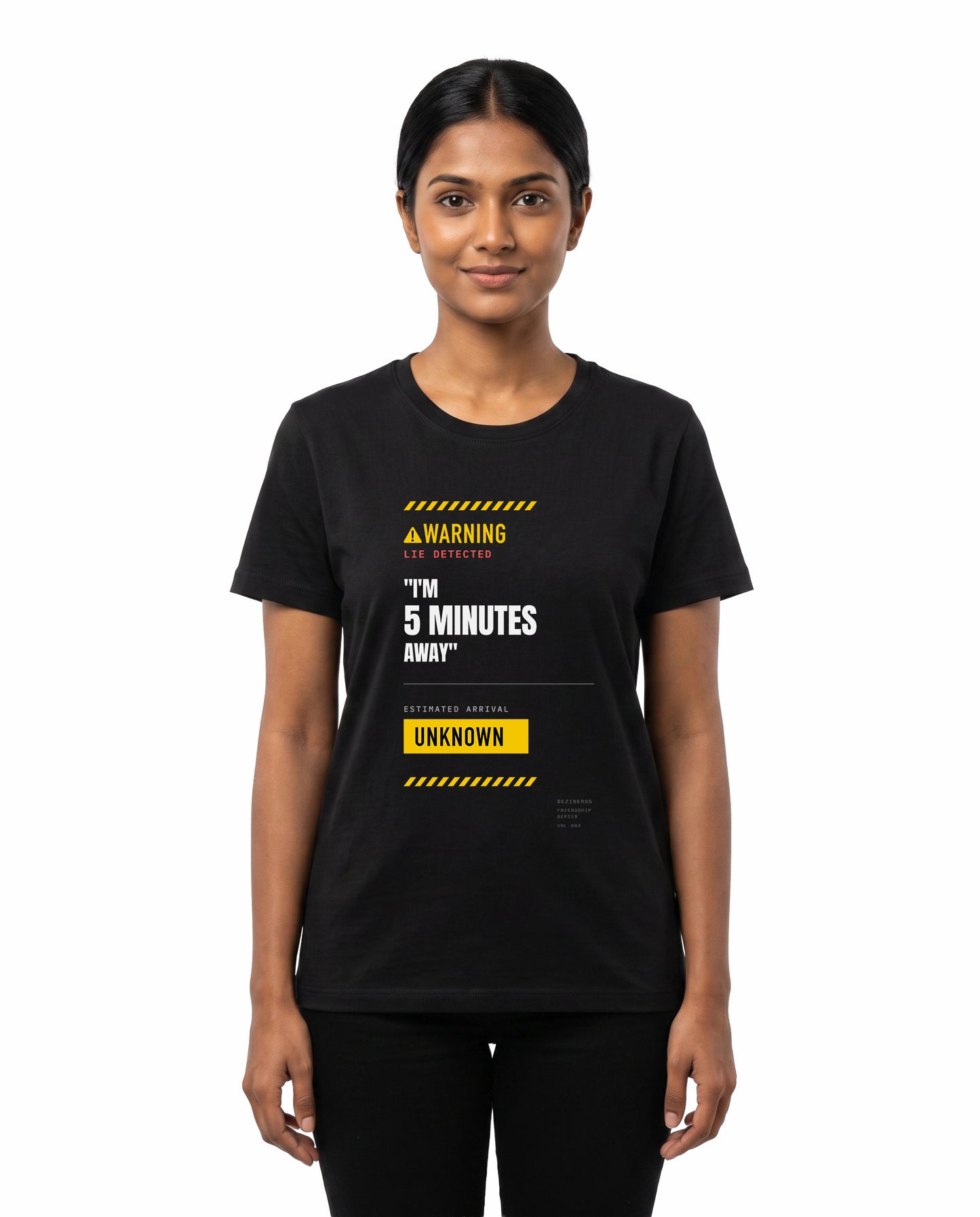 Female model wearing 5 MINS AWAY women's regular-fit t-shirt in black in a studio setting.