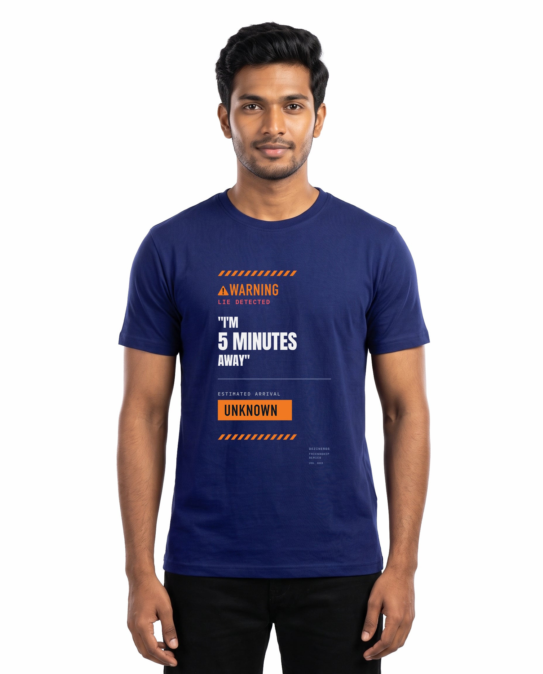 Male model wearing 5 MINS AWAY men's regular-fit t-shirt in royal blue in a studio setting.