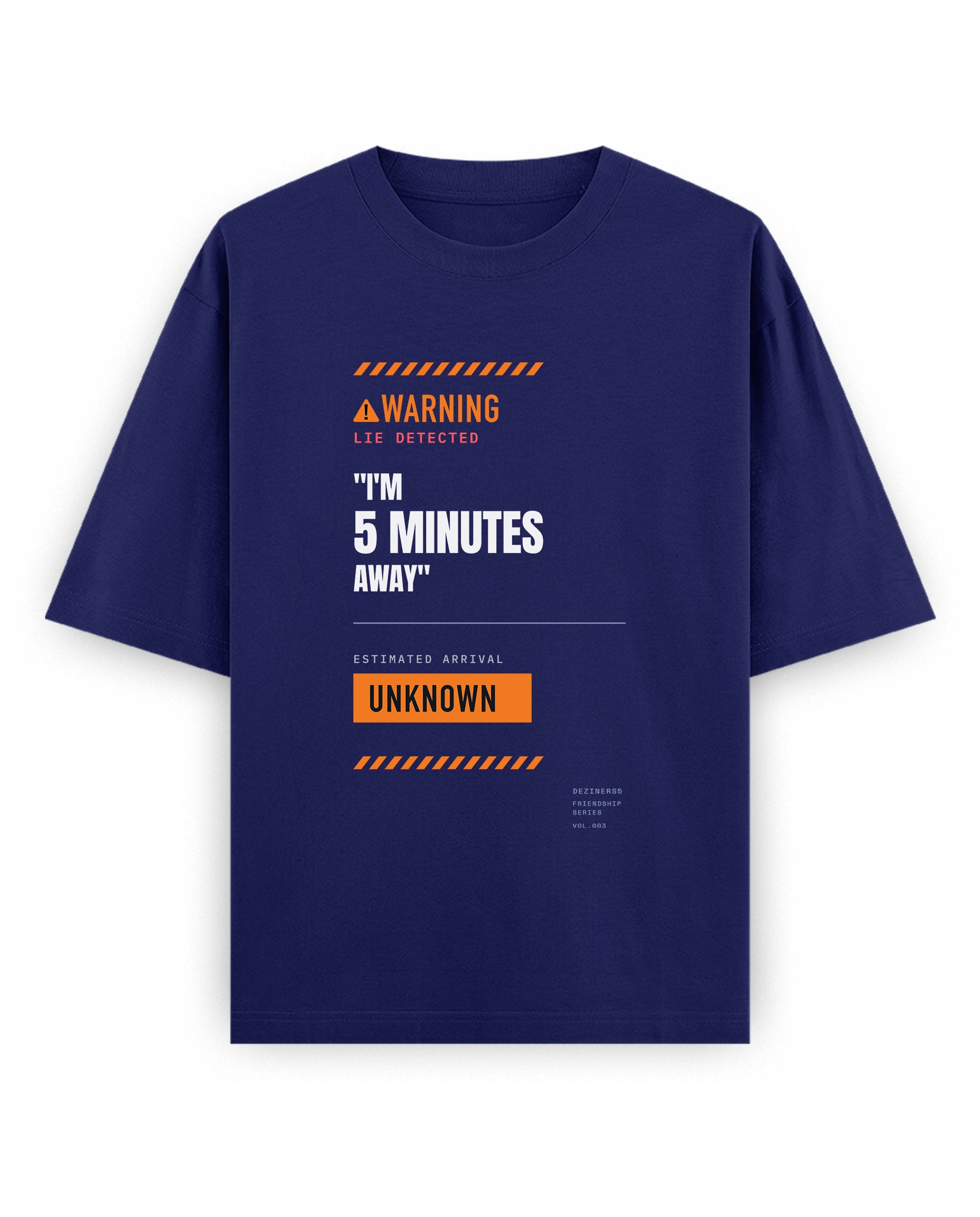 Front view of 5 MINS AWAY unisex oversized graphic t-shirt in royal blue.
