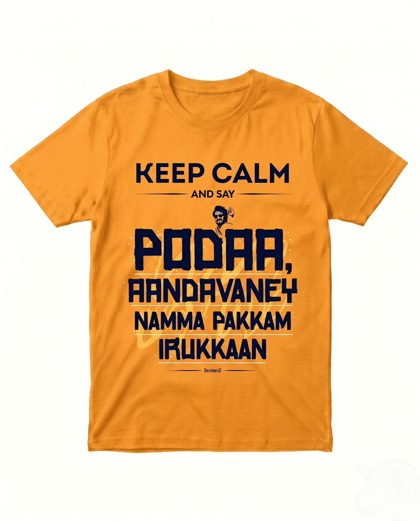 AANDAVANEY NAMMA PAKKAM men's golden yellow regular fit t-shirt featuring a Tamil motivational quote front print shown in a clean product mockup view.