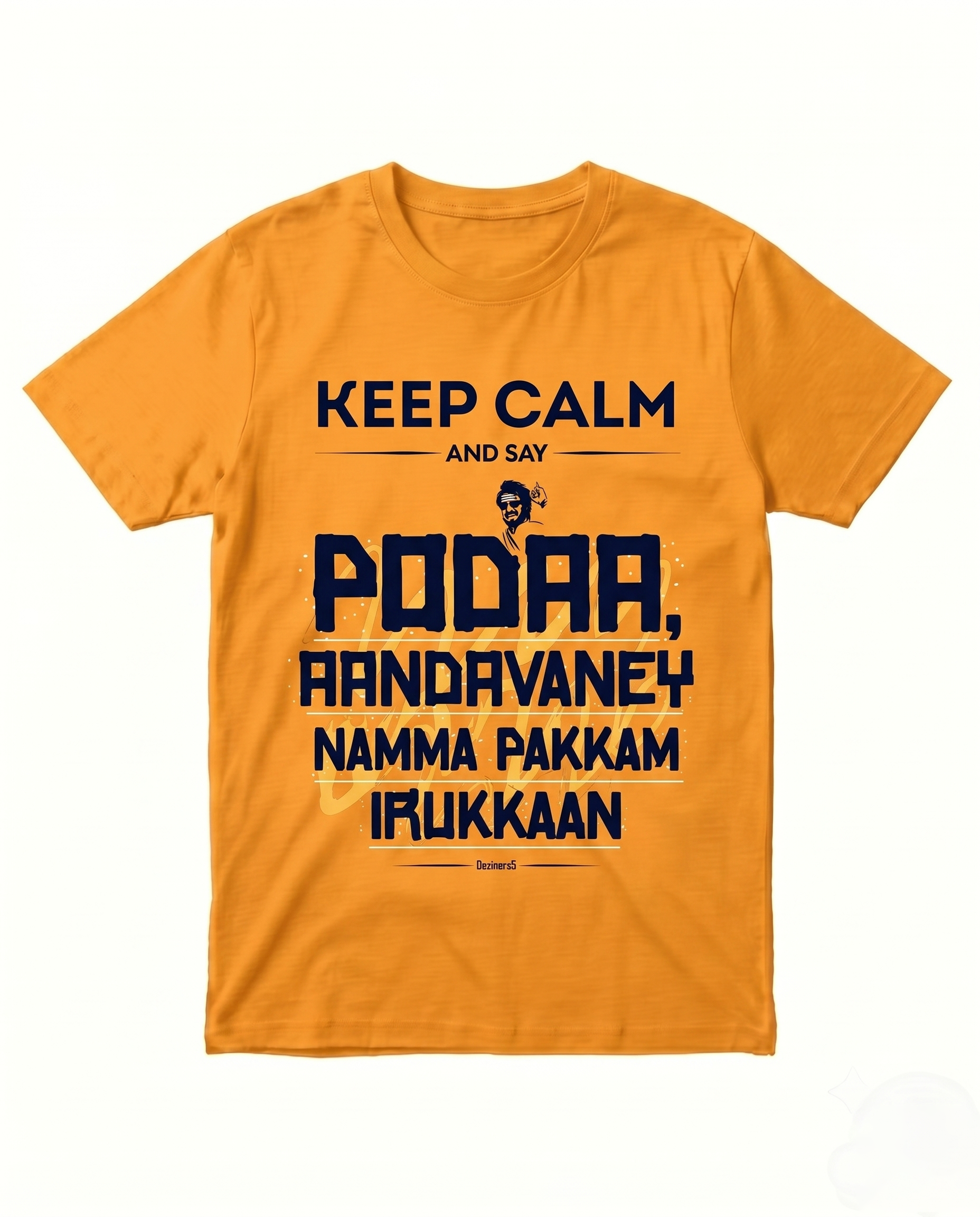 AANDAVANEY NAMMA PAKKAM men's golden yellow regular fit t-shirt featuring a Tamil motivational quote front print shown in a clean product mockup view.