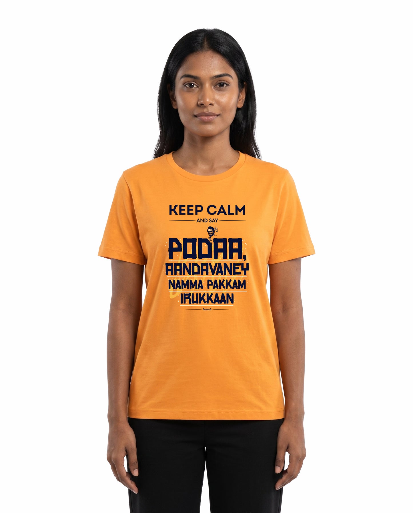 Female model wearing AANDAVANEY NAMMA PAKKAM women's regular-fit t-shirt in golden yellow in a studio setting.