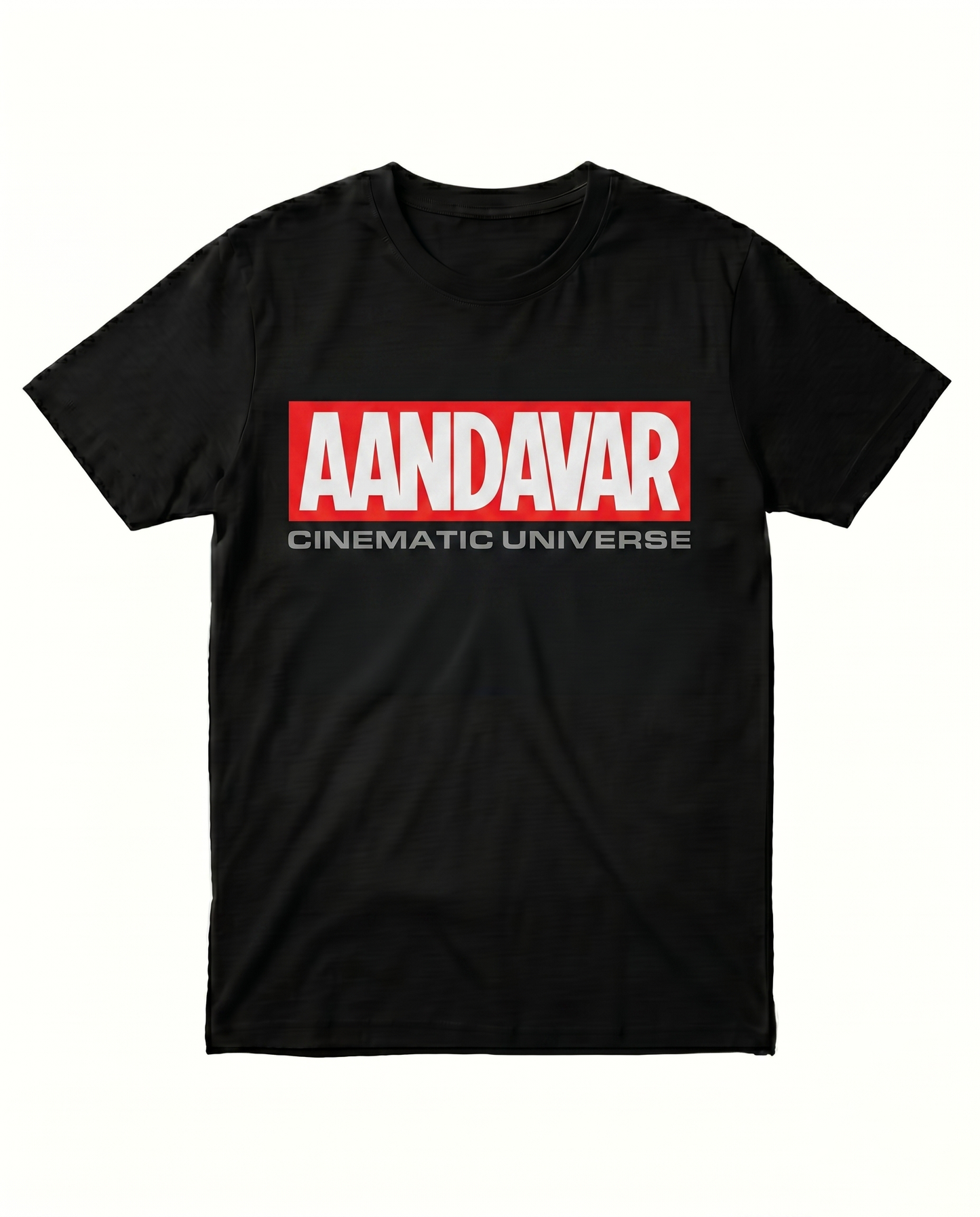AANDAVAR CINEMATIC UNIVERSE men's regular-fit t-shirt in black featuring a cinema-inspired fan graphic design.