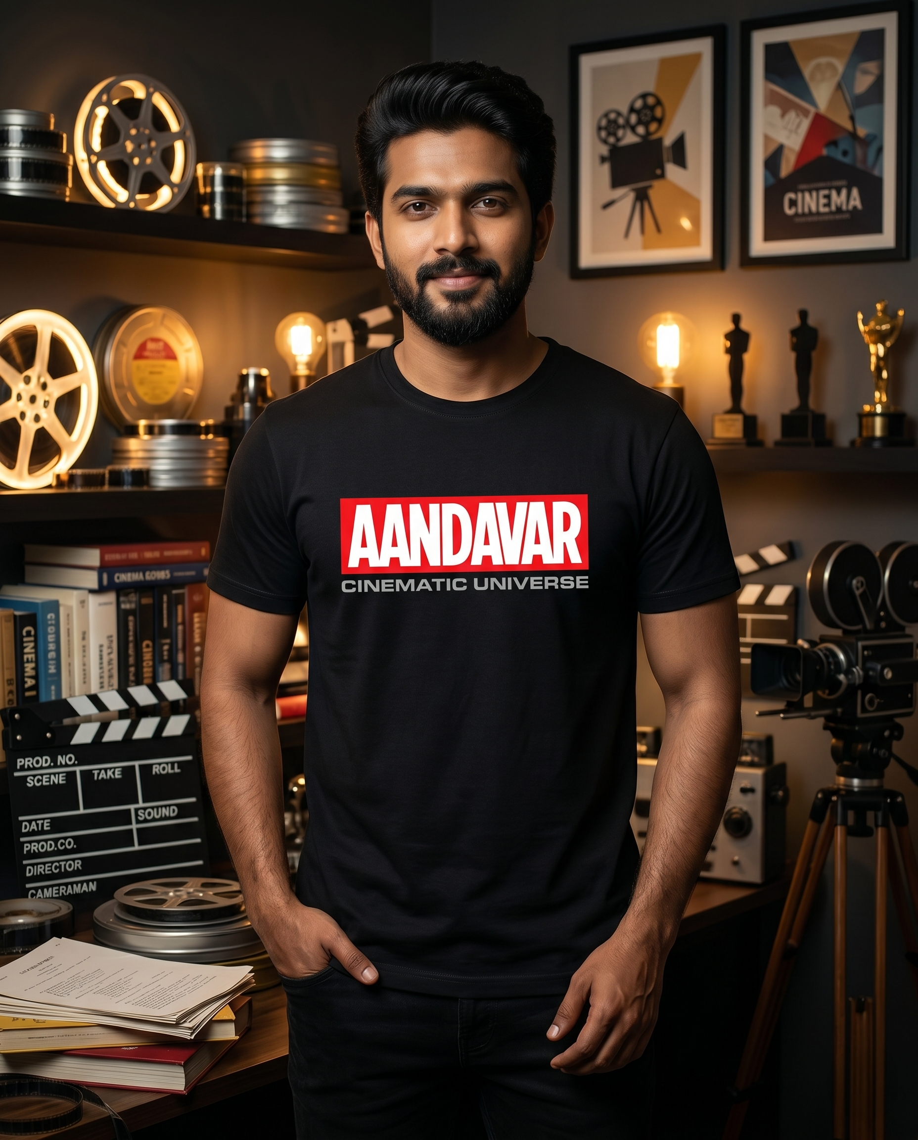 Young South Indian male wearing the AANDAVAR CINEMATIC UNIVERSE men's regular-fit t-shirt in black inside a premium cinema collector's studio.