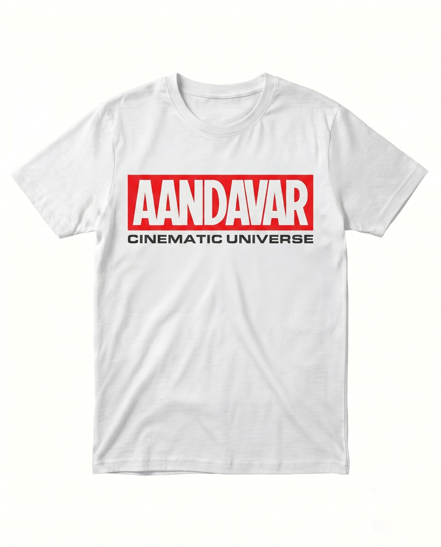 AANDAVAR CINEMATIC UNIVERSE men's regular-fit t-shirt in white featuring a cinema-inspired fan graphic design.