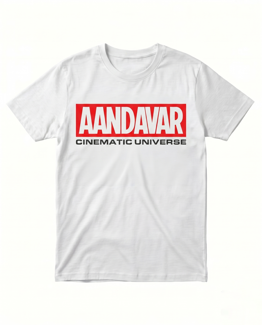AANDAVAR CINEMATIC UNIVERSE men's regular-fit t-shirt in white featuring a cinema-inspired fan graphic design.