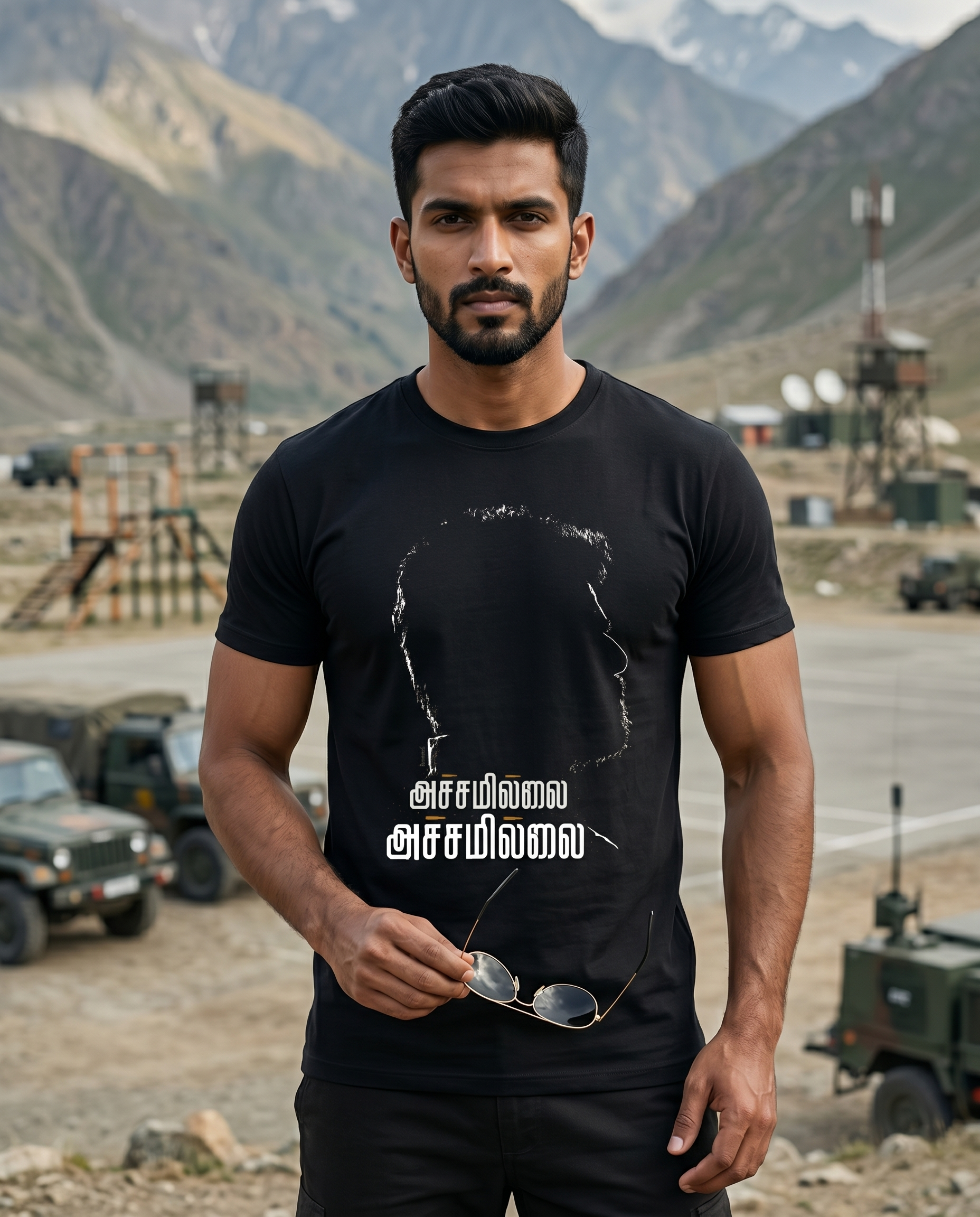 Young South Indian male wearing the ACHAMILLAI men's regular-fit t-shirt in black at a military-inspired training base environment.