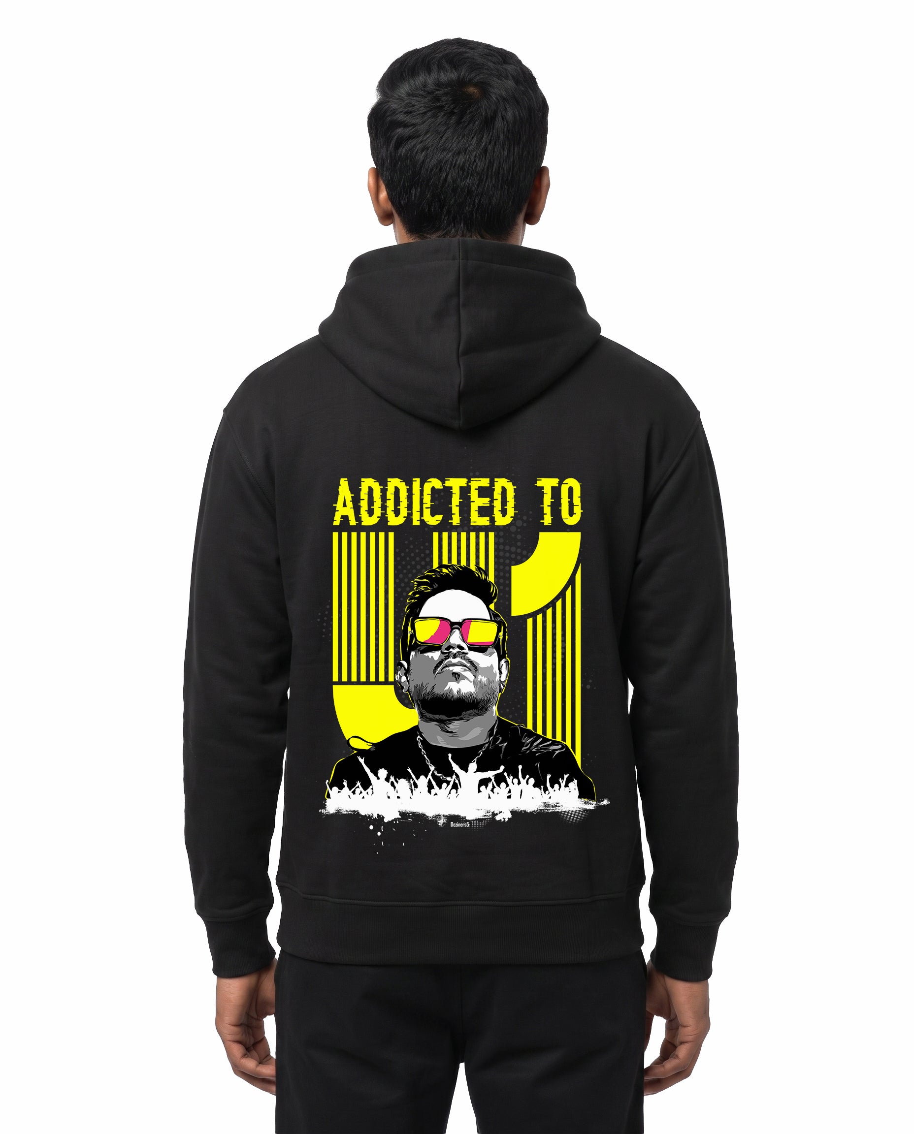 Back view of male model wearing ADDICTED TO U1 unisex regular-fit hoodie in black in a studio setting.