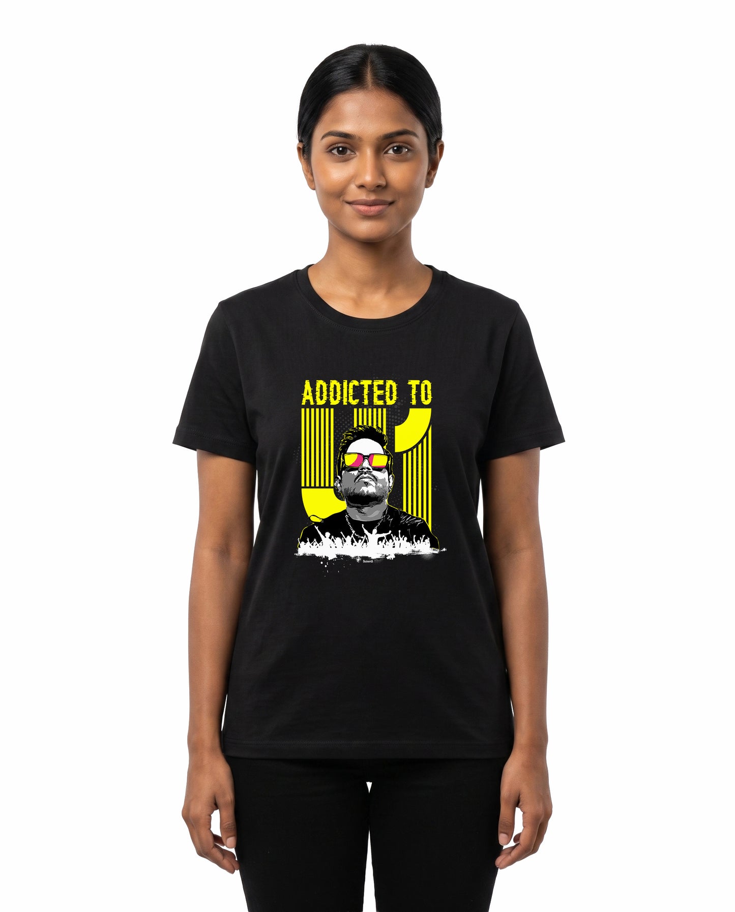 Female model wearing ADDICTED TO U1 women's regular-fit t-shirt in black in a studio setting.