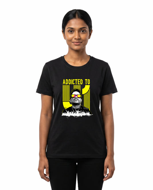 Female model wearing ADDICTED TO U1 women's regular-fit t-shirt in black in a studio setting.