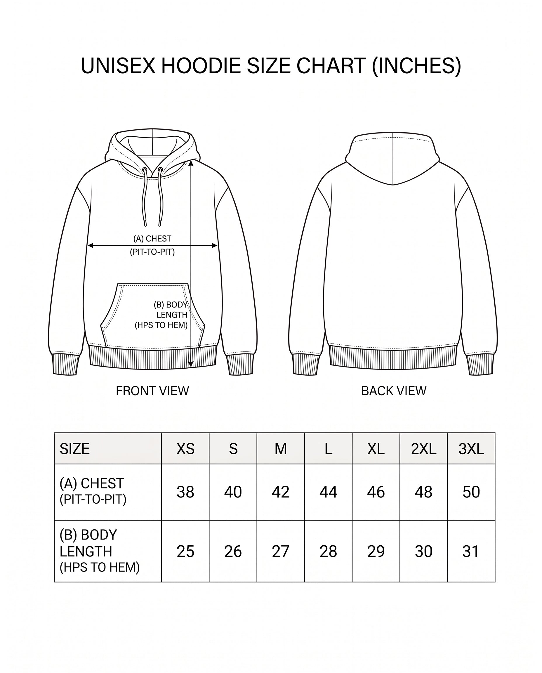 ADDICTED TO U1 unisex regular-fit hoodie size chart with measurements.
