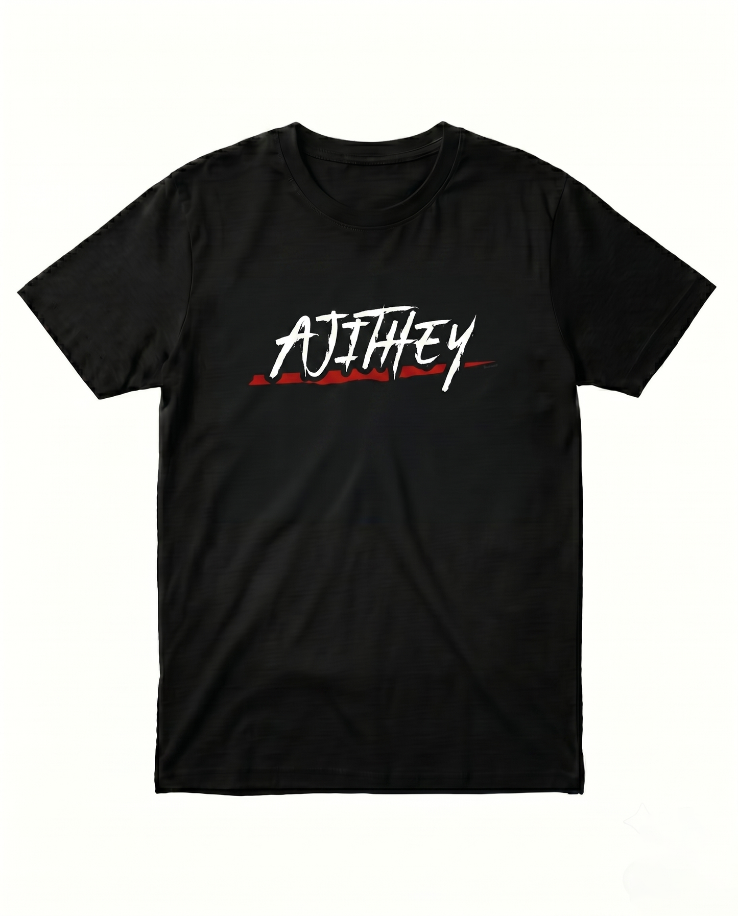 AJITHEY men's regular-fit t-shirt featuring a bold fan-inspired typography design on a black t-shirt.