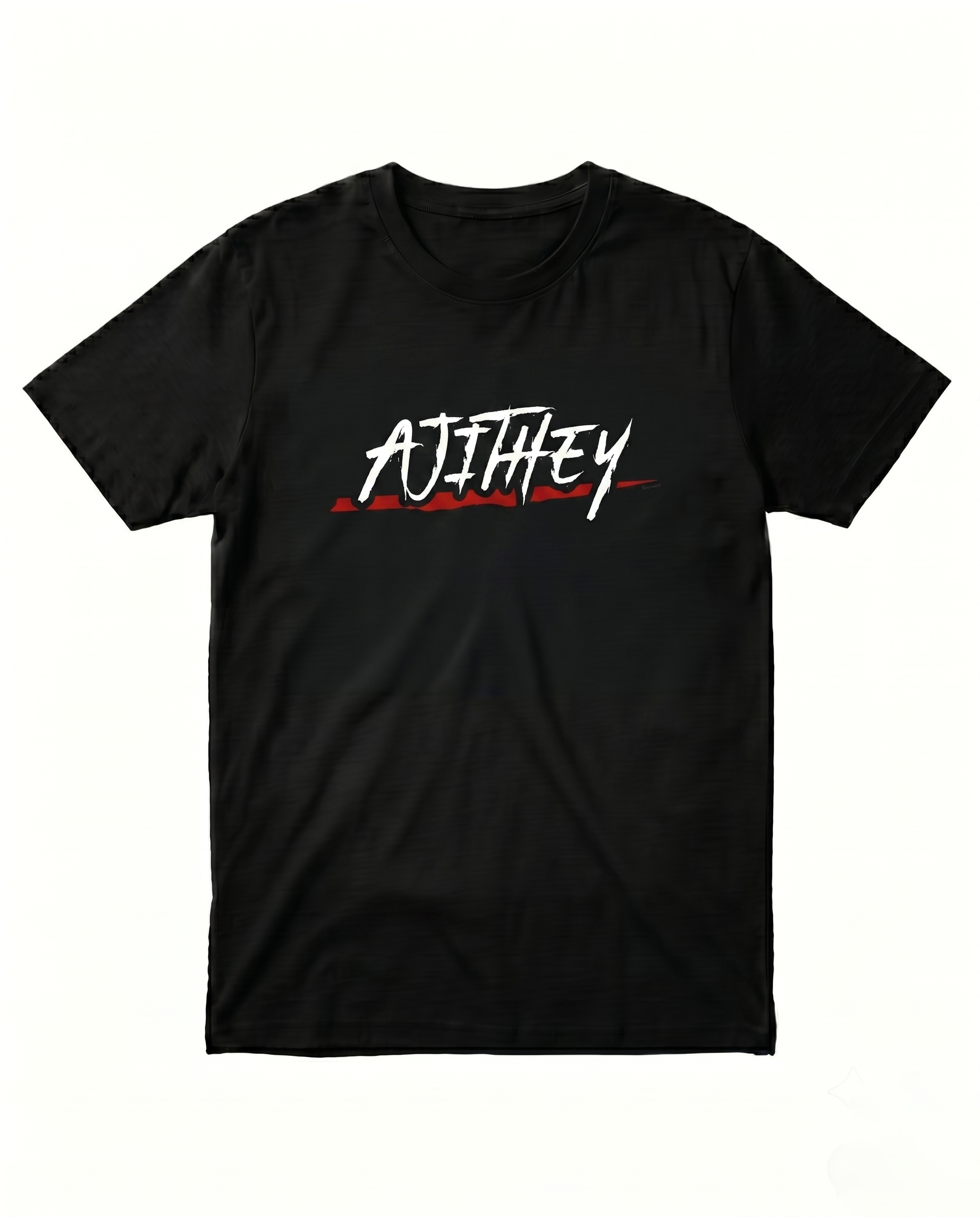 AJITHEY men's regular-fit t-shirt featuring a bold fan-inspired typography design on a black t-shirt.