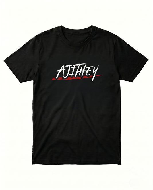 AJITHEY men's regular-fit t-shirt featuring a bold fan-inspired typography design on a black t-shirt.