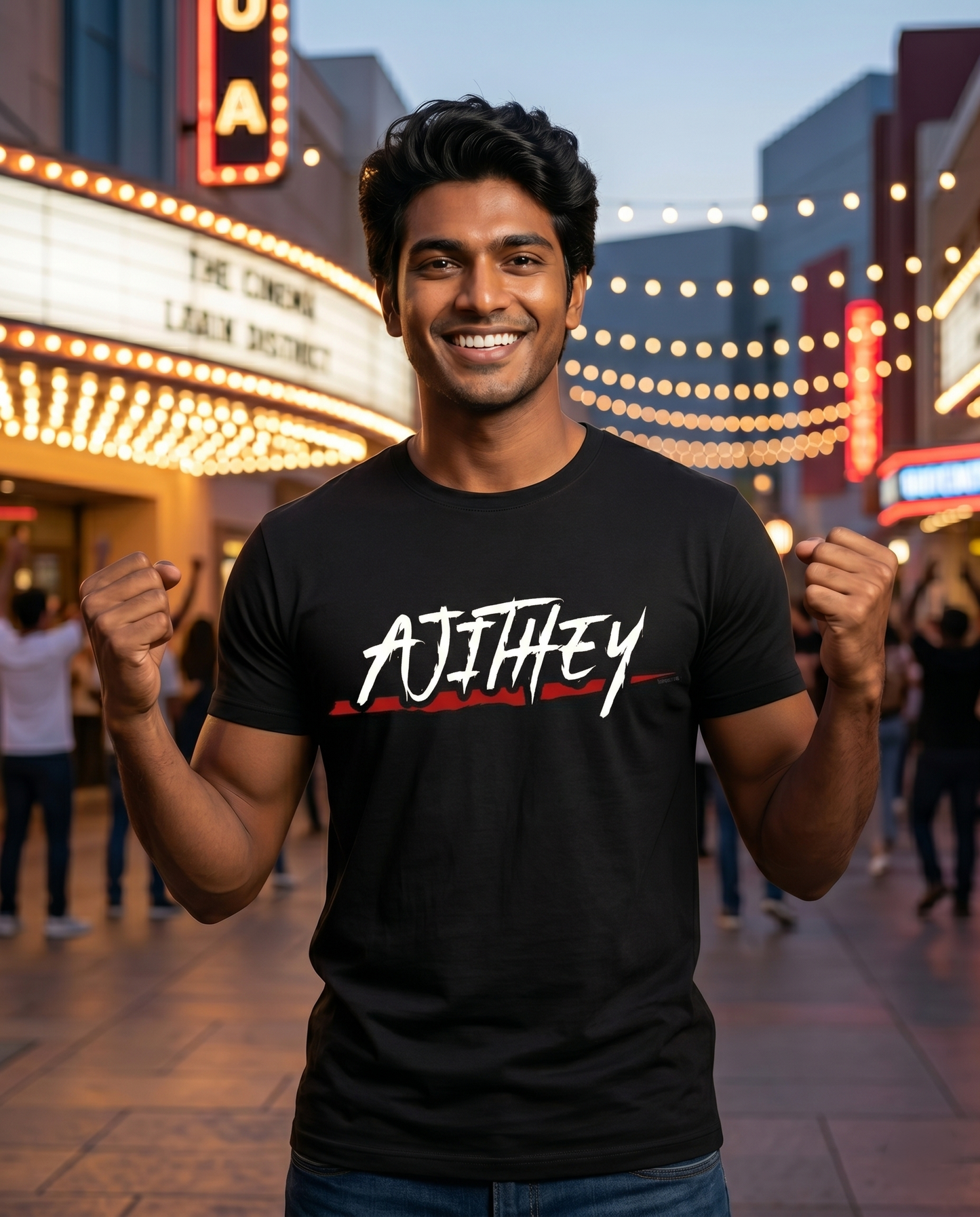 Young South Indian male wearing the AJITHEY men's regular-fit t-shirt i black in a vibrant cinema celebration district with premium evening ambience.