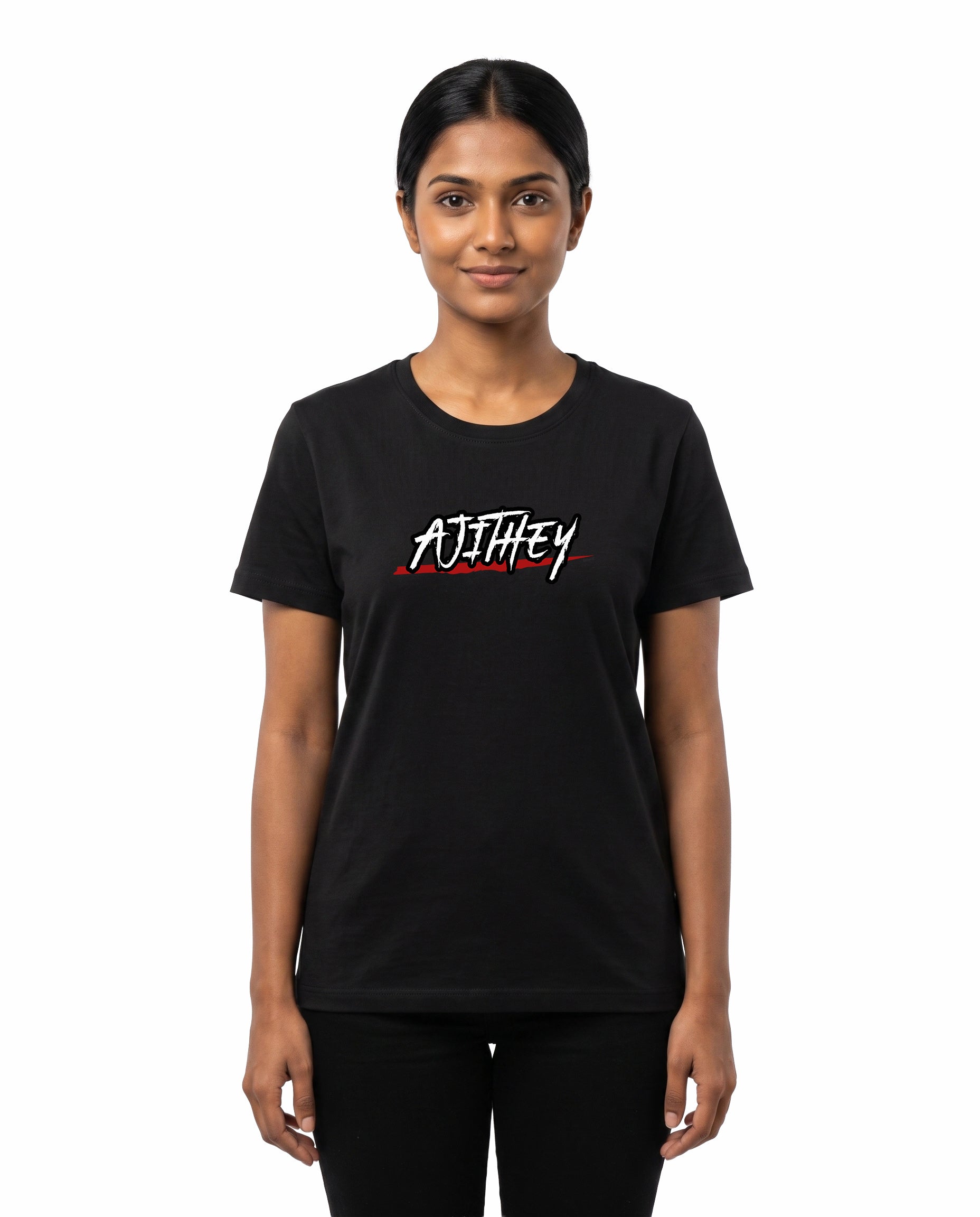 Female model wearing AJITHEY women's regular-fit t-shirt in black in a studio setting.