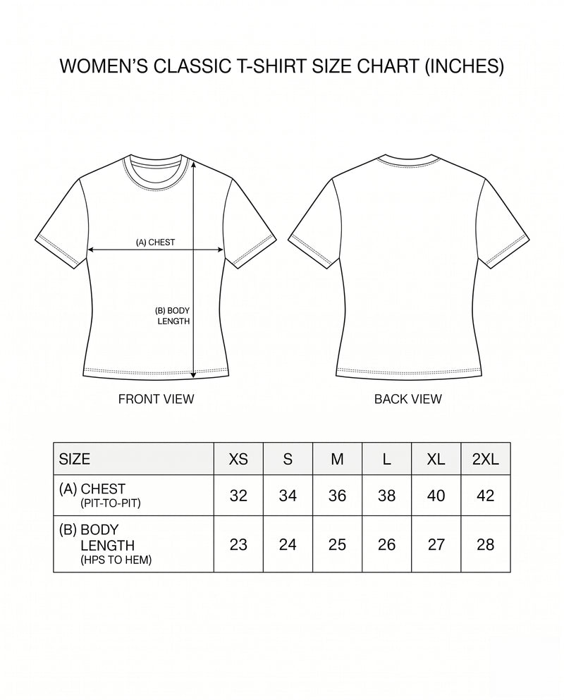 AJITHEY women's regular-fit t-shirt size chart with measurements.