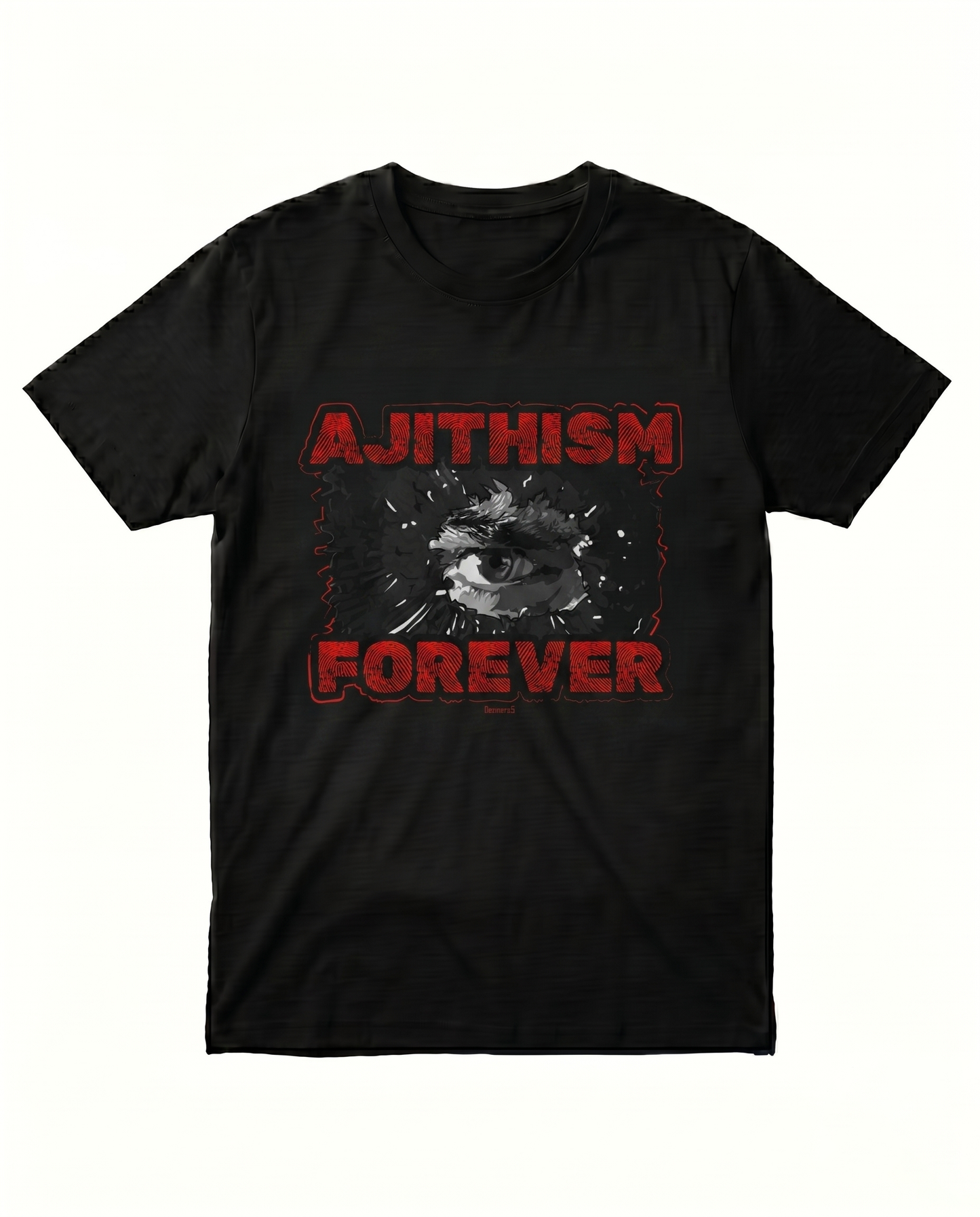 AJITHISM FOREVER men's regular-fit t-shirt in black featuring an eye-inspired fan graphic design.
