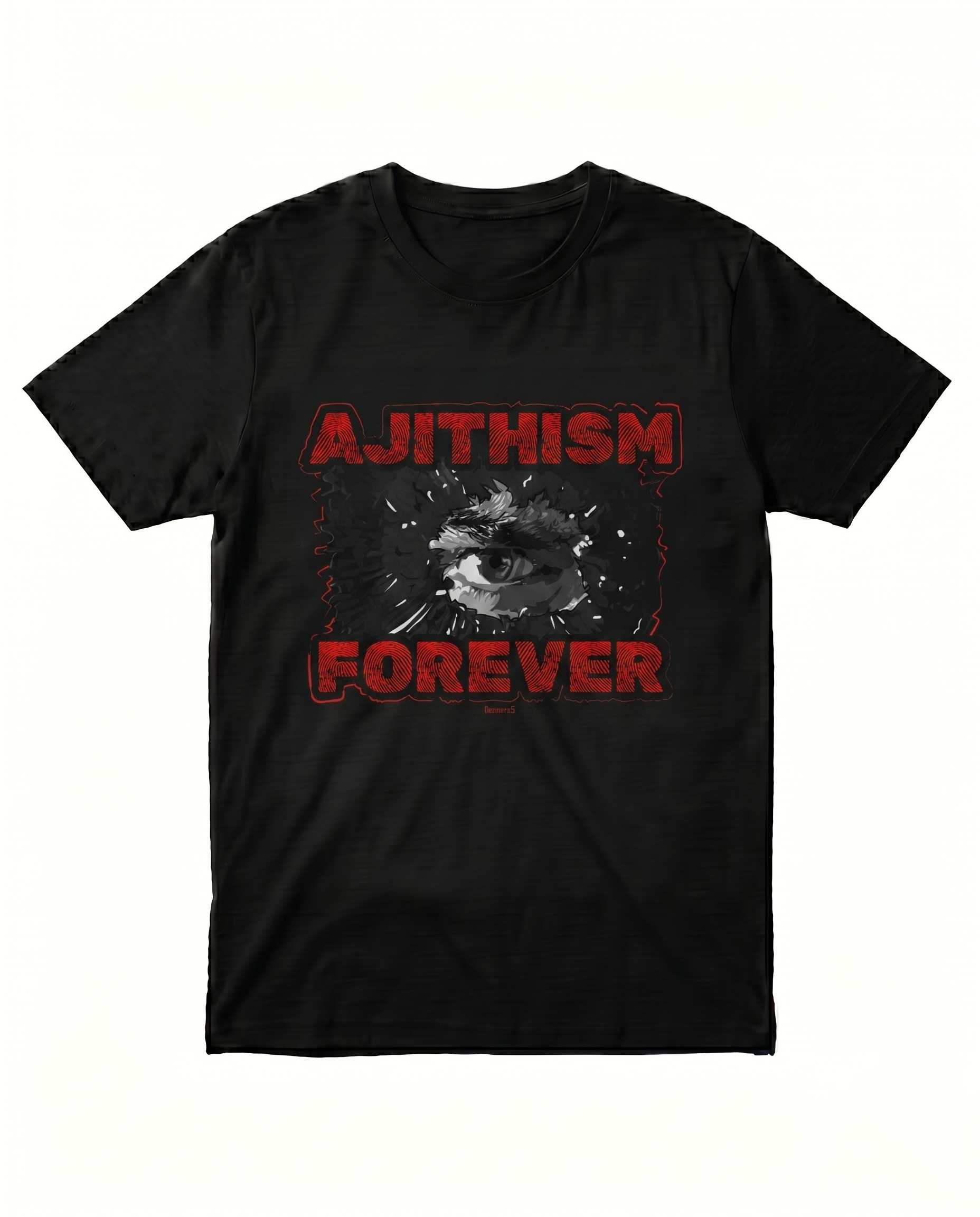 AJITHISM FOREVER men's regular-fit t-shirt in black featuring an eye-inspired fan graphic design.