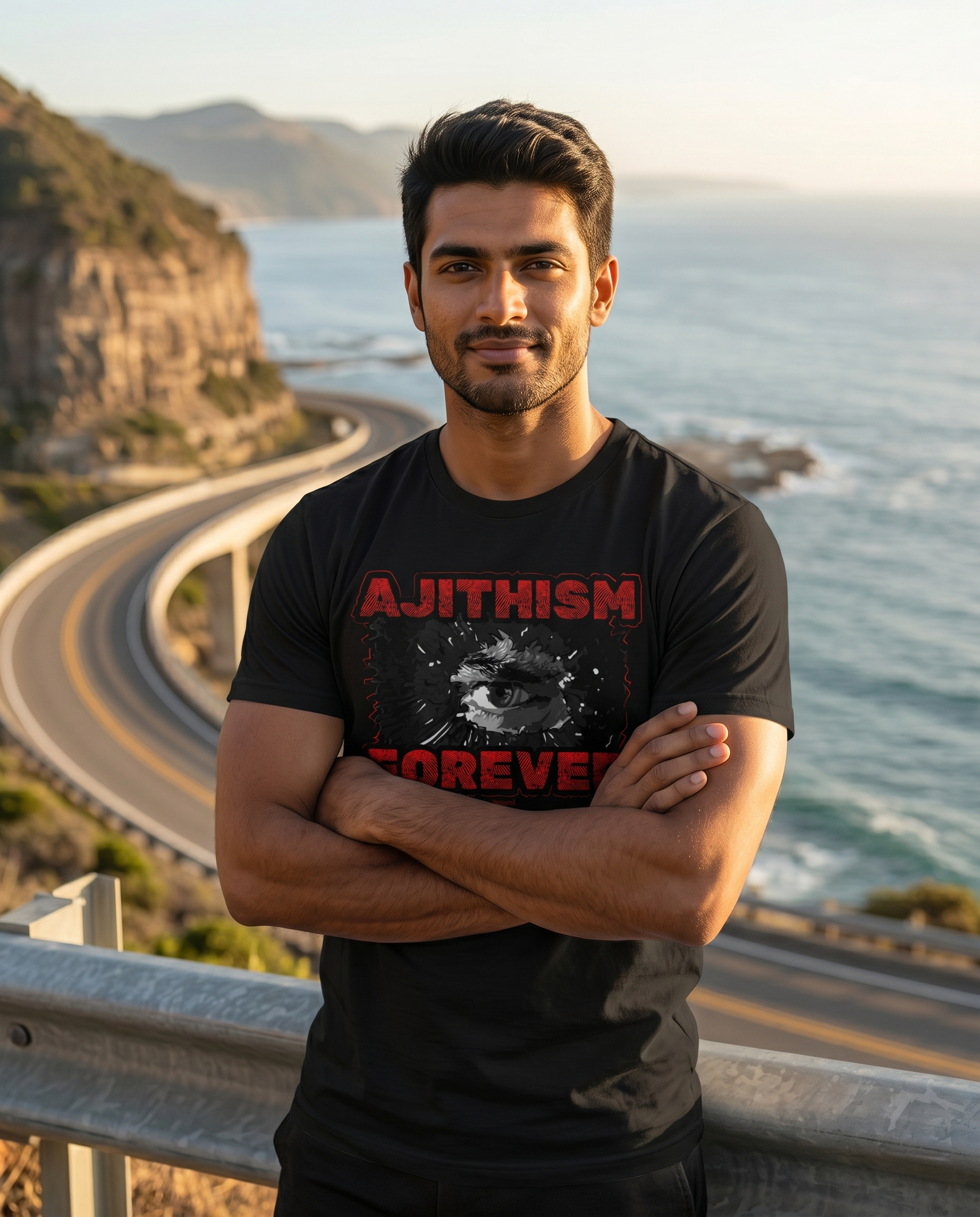 Young South Indian male wearing the AJITHISM FOREVER men's regular-fit t-shirt in black at a scenic coastal highway viewpoint.