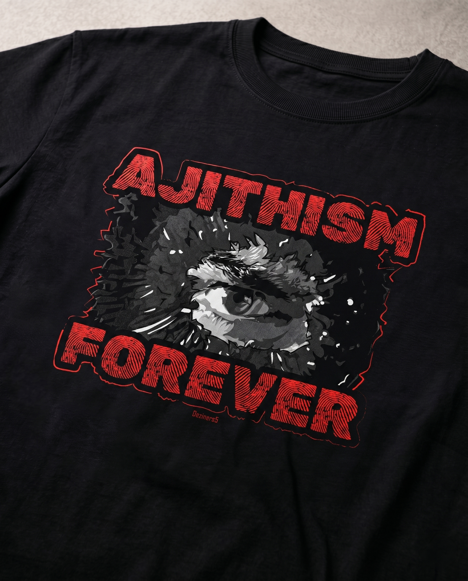 Detailed close-up of the AJITHISM FOREVER graphic print showcasing premium print quality on a black men's regular-fit t-shirt.