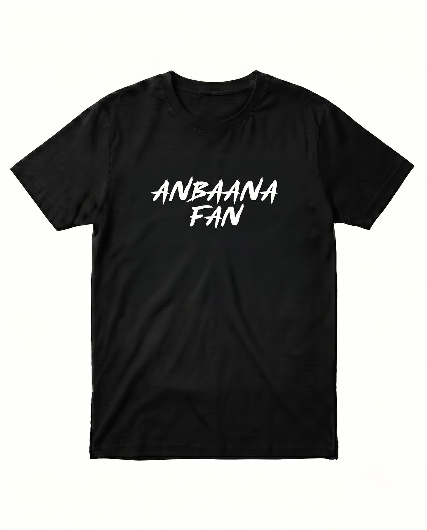 ANBAANA FAN men's regular-fit t-shirt in black featuring a romantic fan-inspired typography and graphic design.
