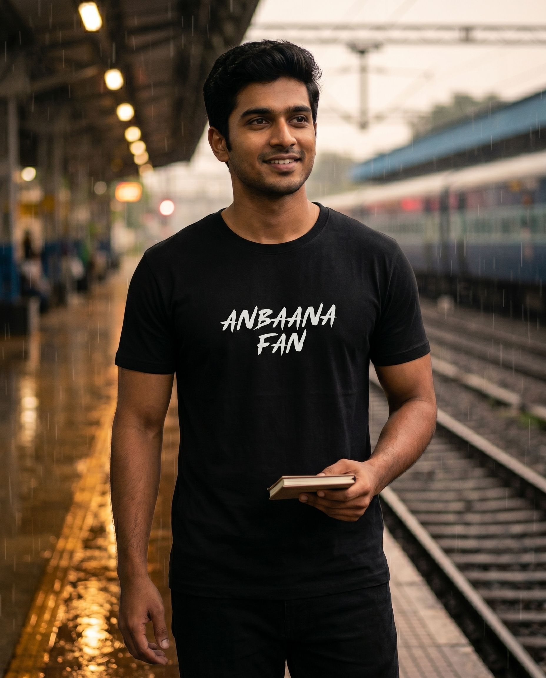 Young South Indian male wearing the ANBAANA FAN men's regular-fit t-shirt in black in a nostalgic romantic outdoor setting.