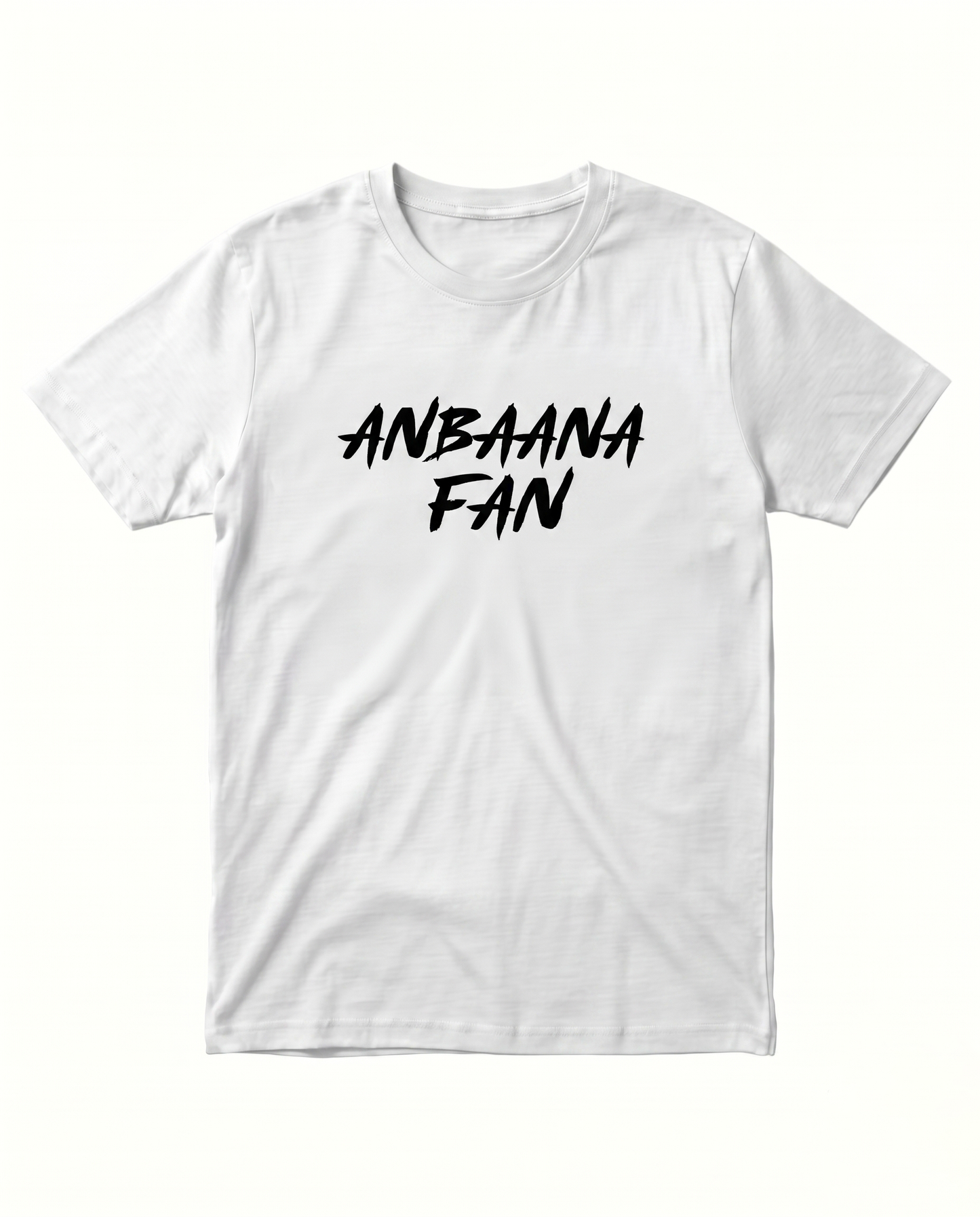 ANBAANA FAN men's regular-fit t-shirt in white featuring a romantic fan-inspired typography and graphic design.