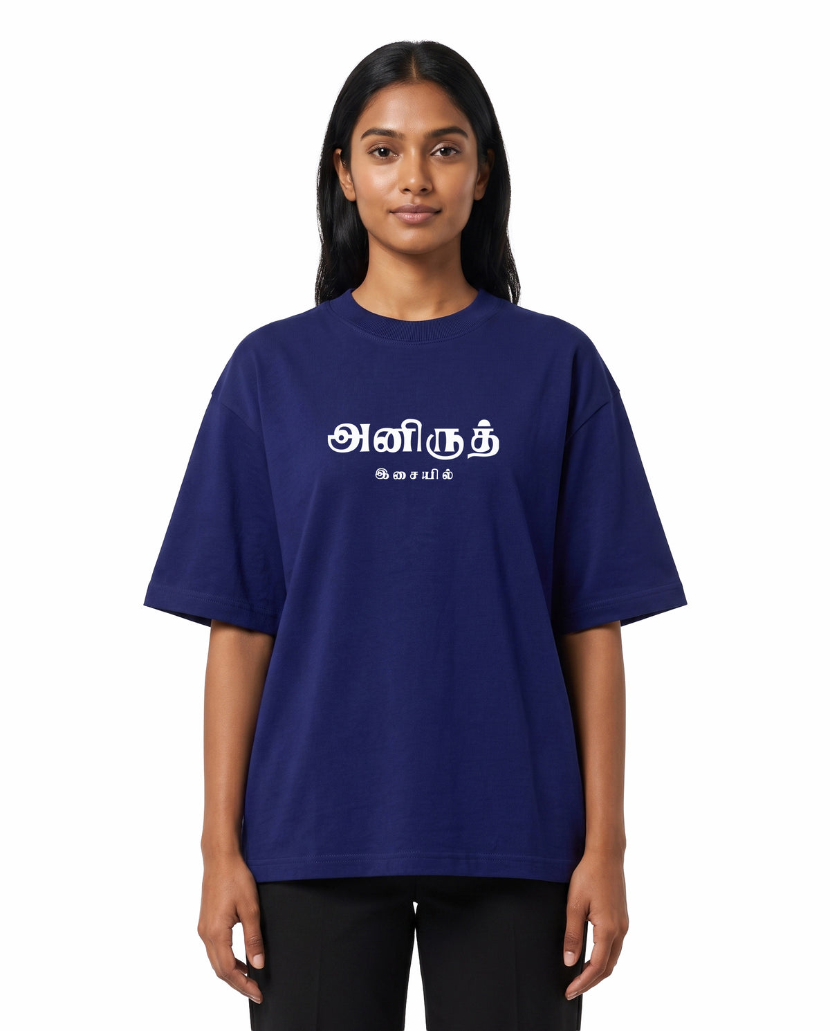 Front view of female model wearing ANI ISAIYIL - Unisex Oversized Graphic T-Shirt in royal blue in a studio setting.