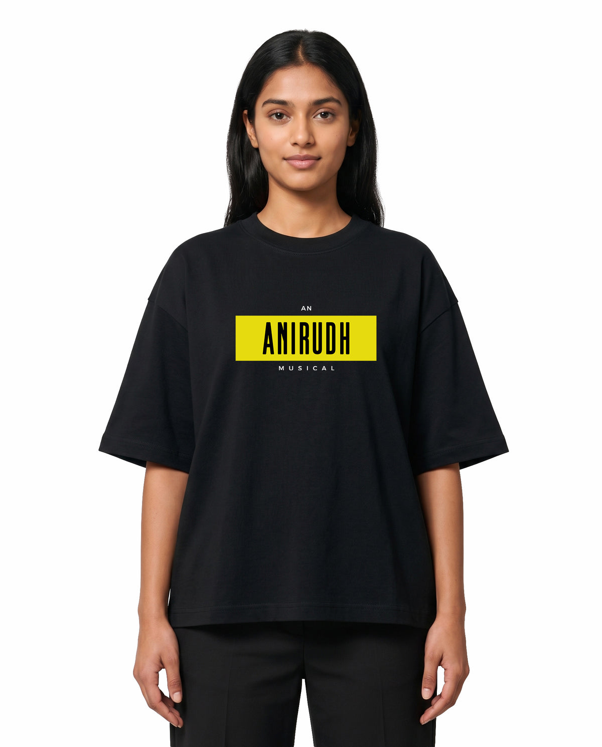 Front view of female model wearing ANI MUSICAL - Unisex Oversized Graphic T-Shirt in black in a studio setting.