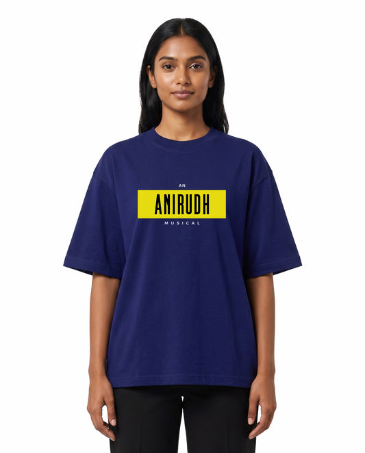 Front view of female model wearing ANI MUSICAL - Unisex Oversized Graphic T-Shirt in royal blue in a studio setting.
