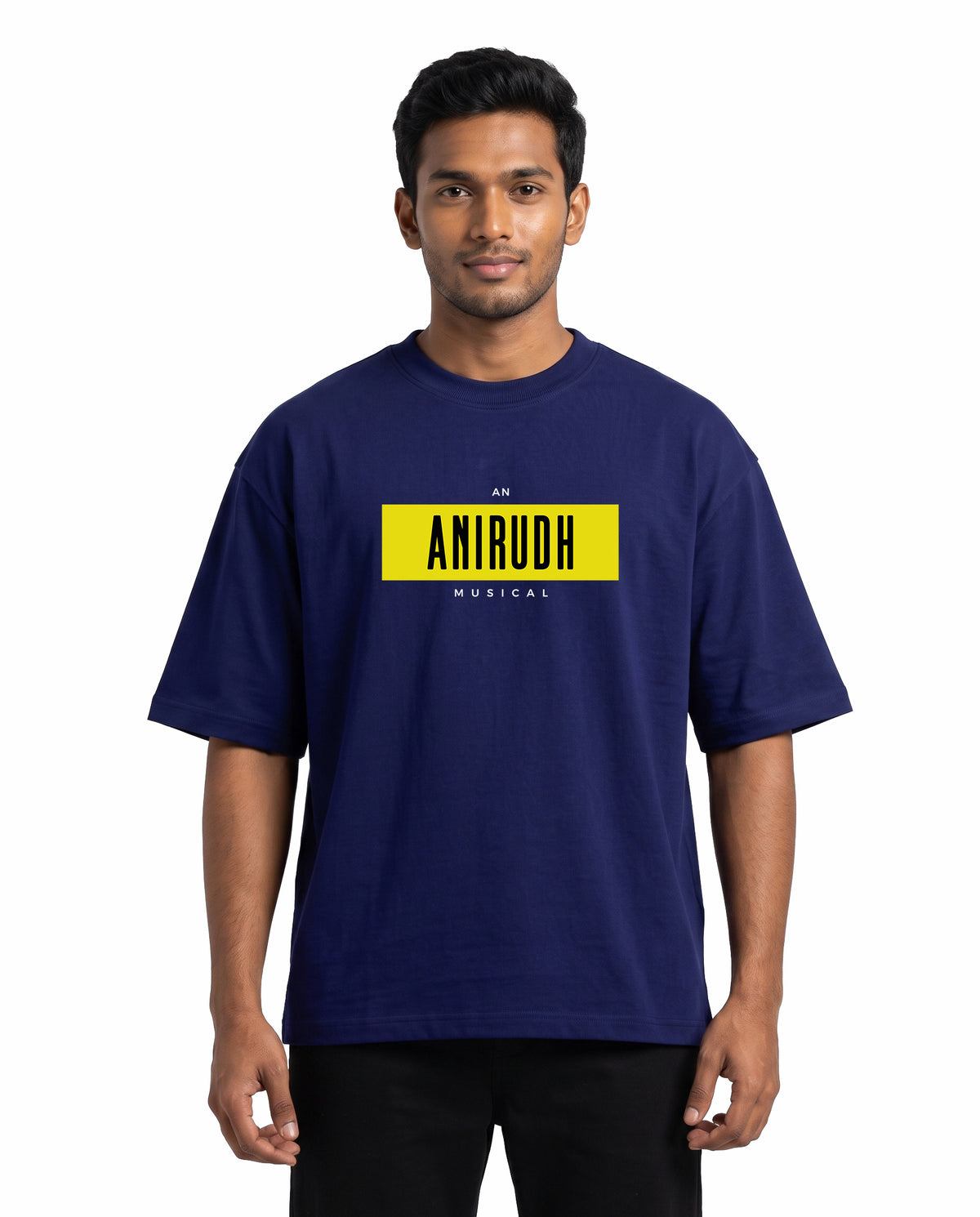Front view of male model wearing ANI MUSICAL - Unisex Oversized Graphic T-Shirt in royal blue in a studio setting.