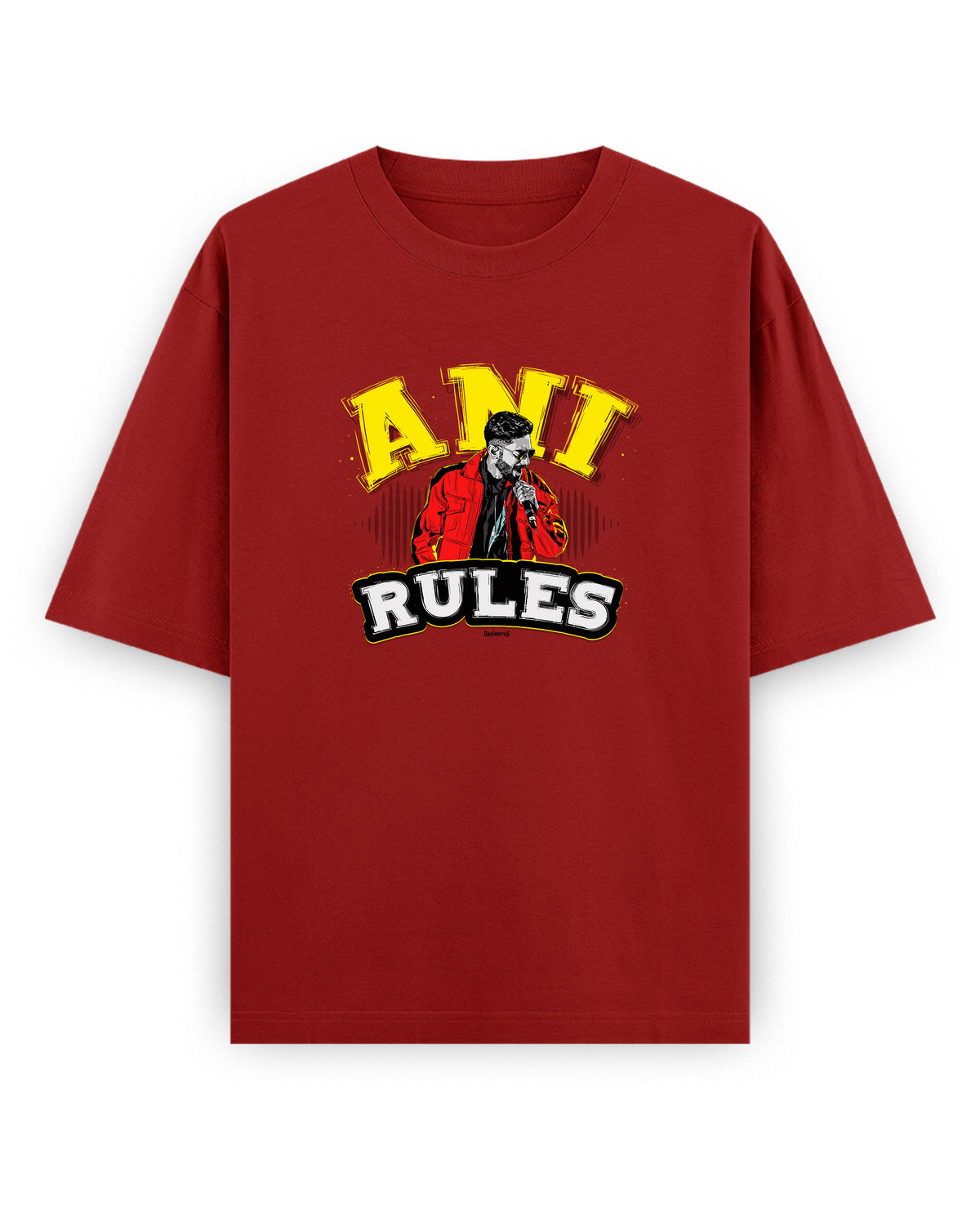 Front view of ANI RULES - Unisex Oversized Graphic T-Shirt in red.
